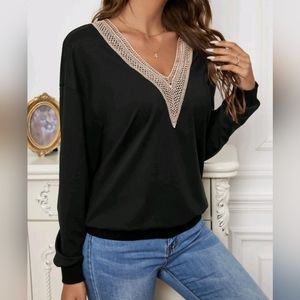 Black Sweatshirt V-neck Lace Trim Sweater